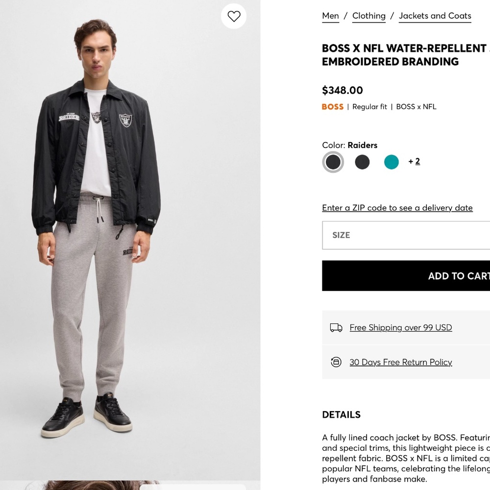 Boss x Raiders - Water Repllent Jacket (L) - 50% off Retail